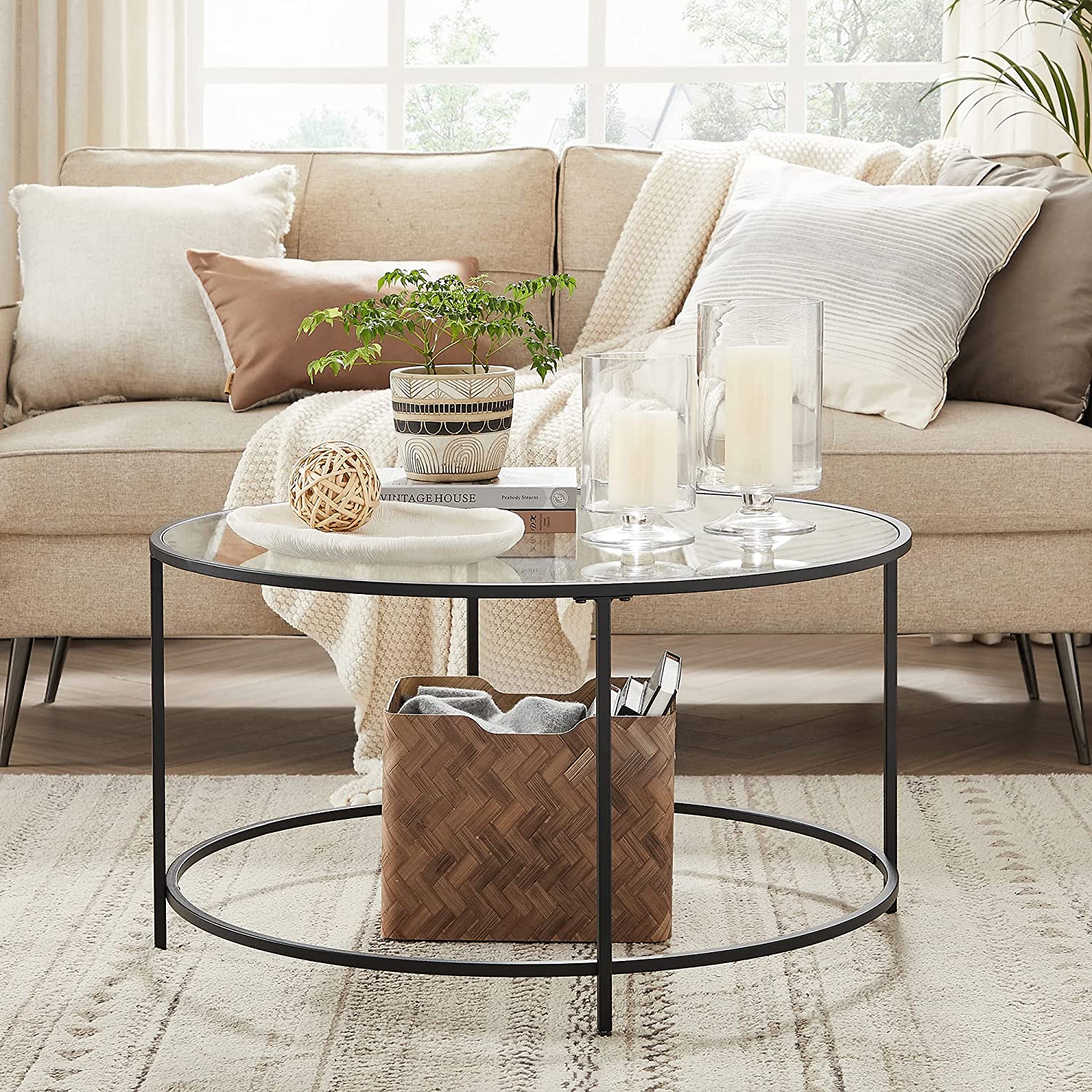 Salontafel - Ronde koffietafel - Bijzettafel met glazen blad - Zwart