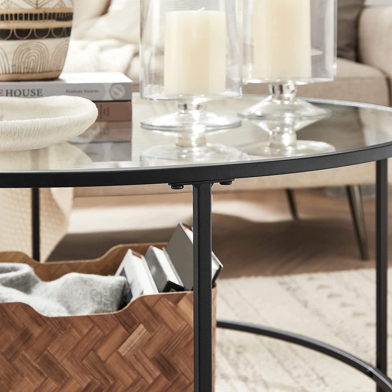 Salontafel - Ronde koffietafel - Bijzettafel met glazen blad - Zwart