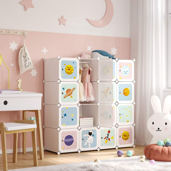 Draagbare kledingkast - Kindergarderobe - Opbergkast - 16 kubussen - Wit