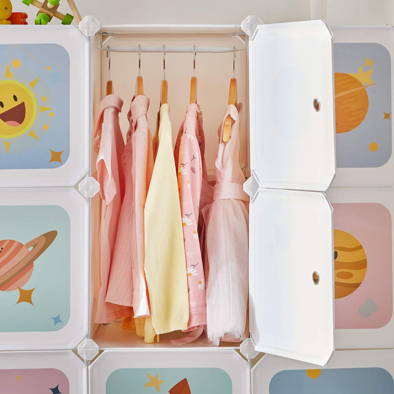 Draagbare kledingkast - Kindergarderobe - Opbergkast - 16 kubussen - Wit