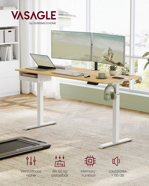 Bureau – met stopcontact en lade – 70 x 160 cm – goud eiken-wolkenwit