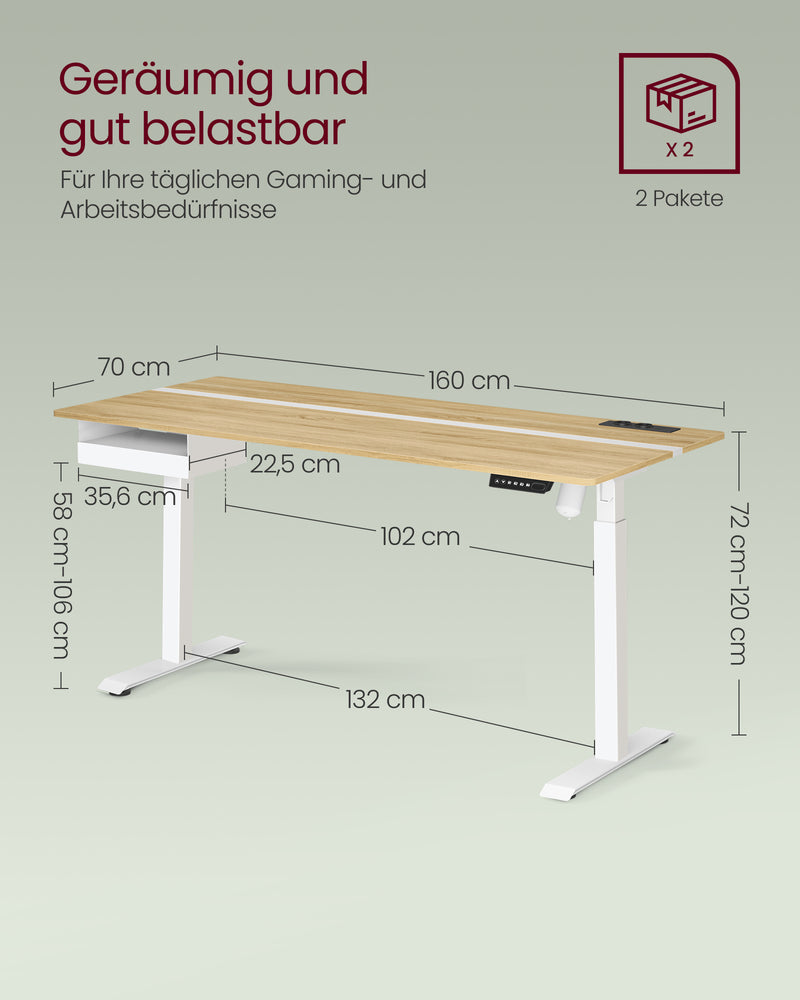 Bureau – met stopcontact en lade – 70 x 160 cm – goud eiken-wolkenwit