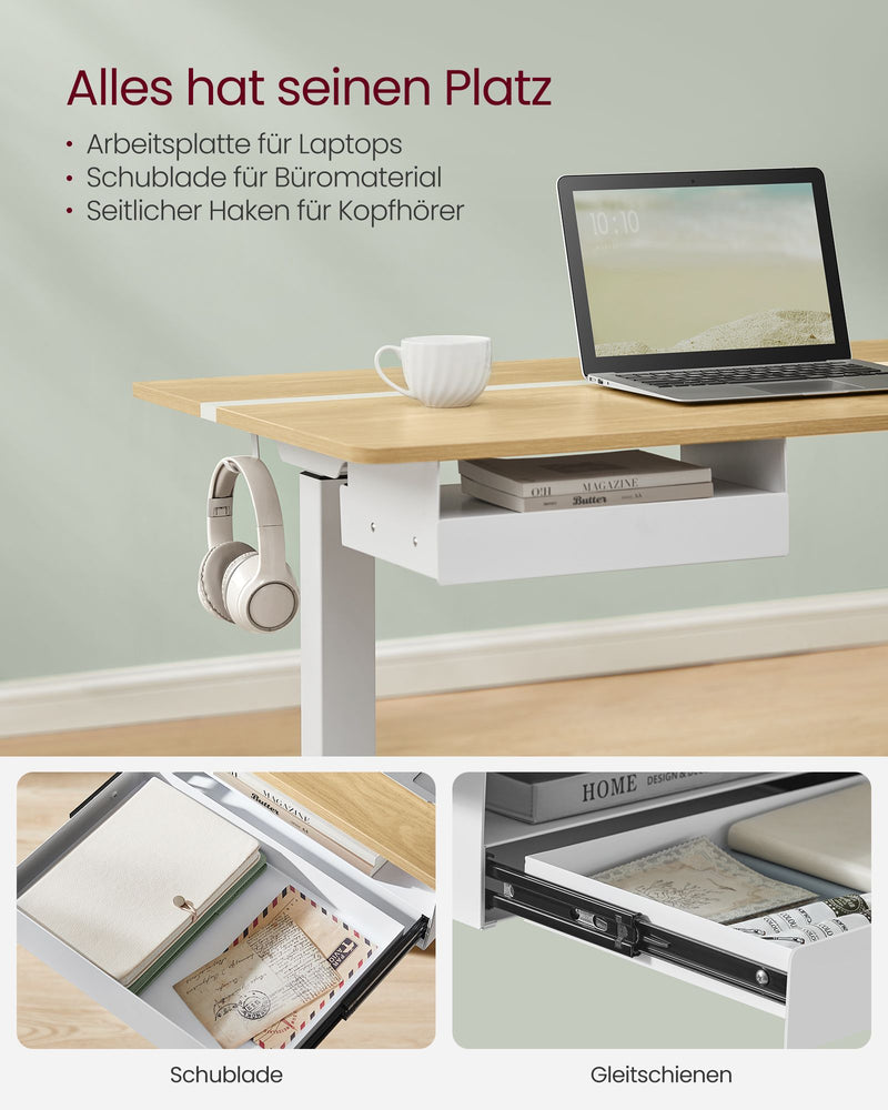 Bureau – met stopcontact en lade – 70 x 160 cm – goud eiken-wolkenwit