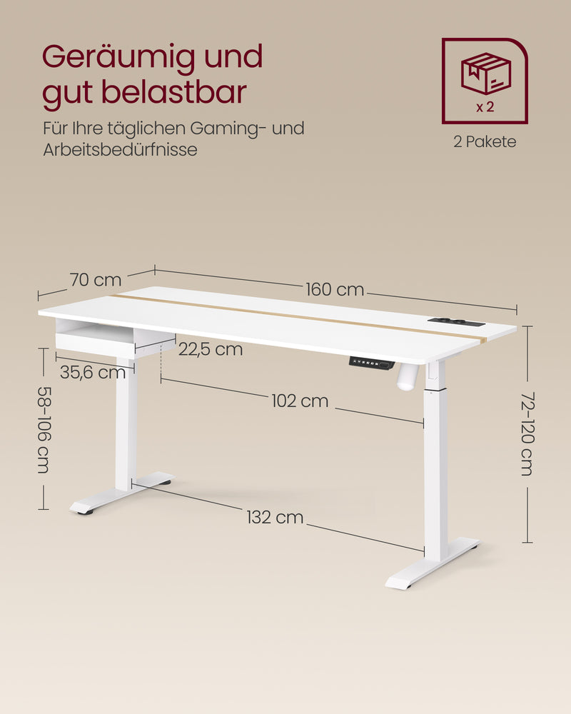 Bureau – met stopcontacten en lade – 70 x 160 cm – wolkwit-goud eiken