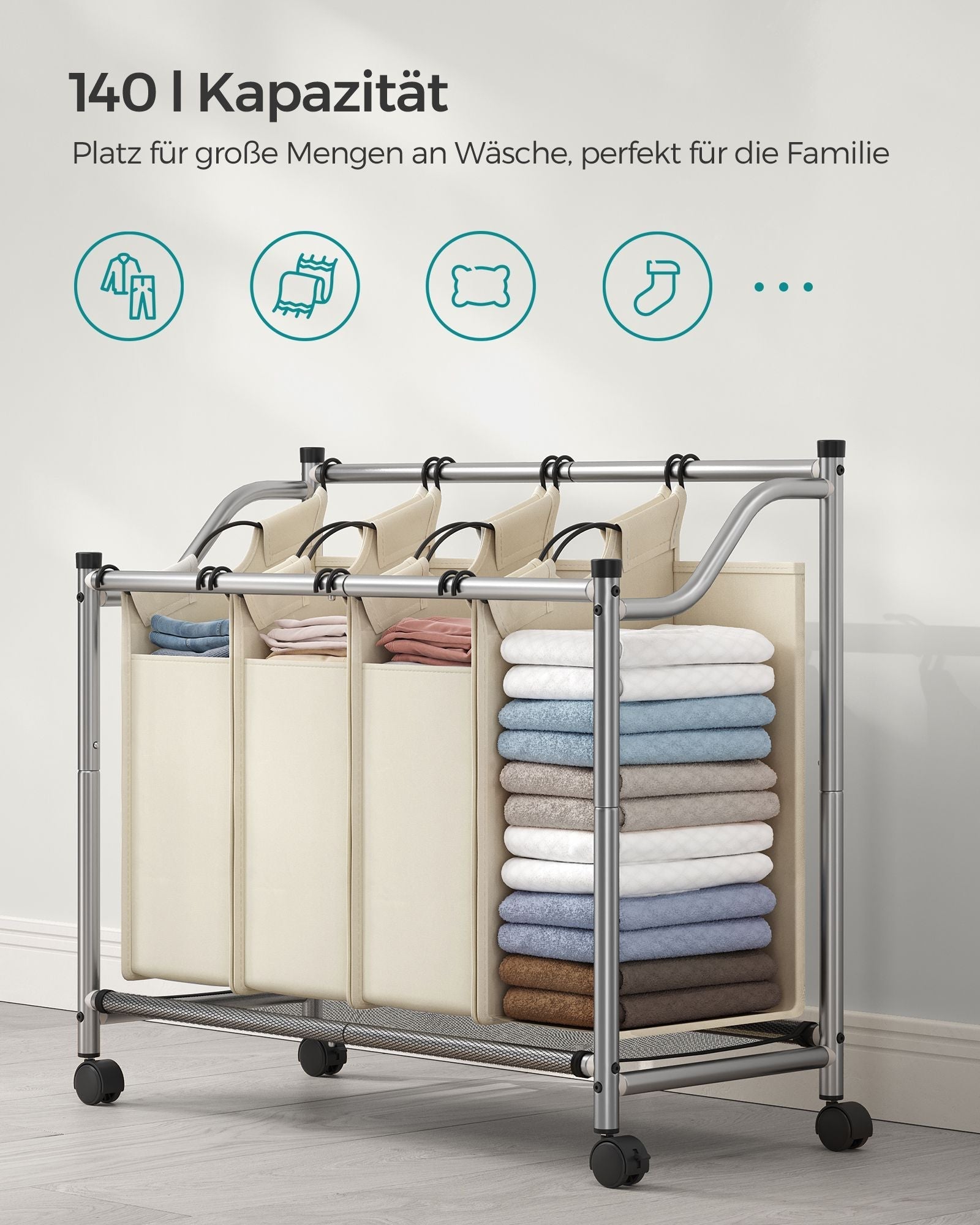 Wasmand op wielen - 4 waszakken - 4 x 35 liter - Beige