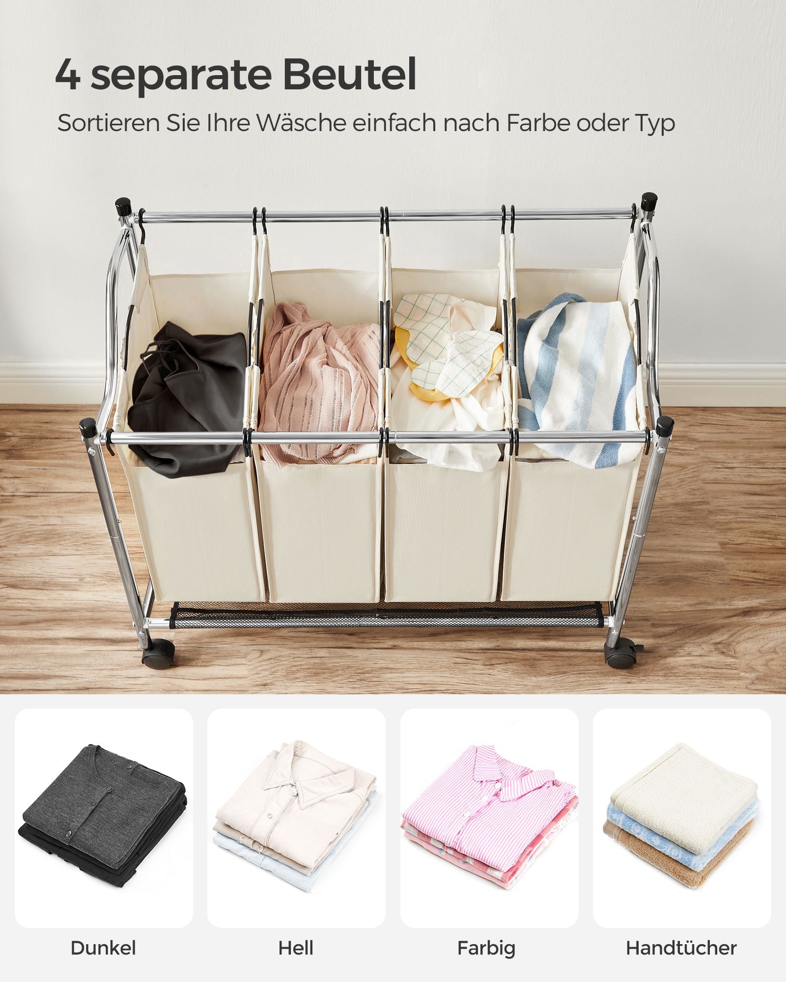Wasmand op wielen - 4 waszakken - 4 x 35 liter - Beige