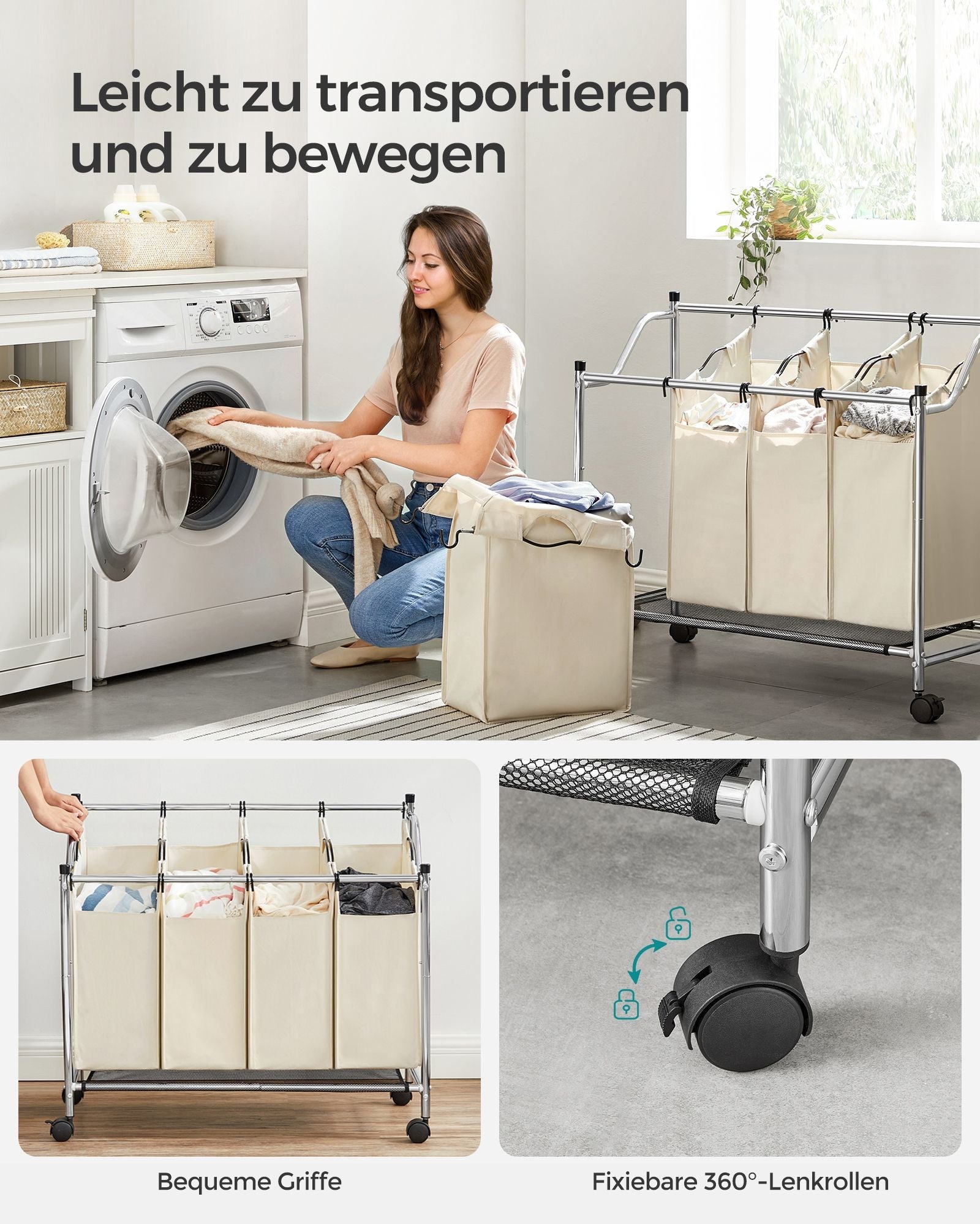 Wasmand op wielen - 4 waszakken - 4 x 35 liter - Beige