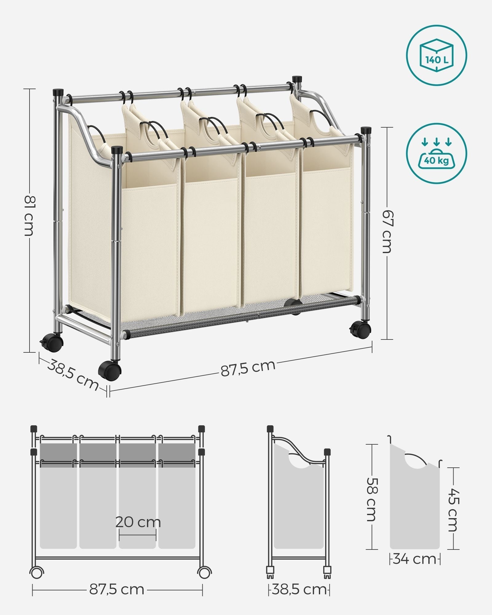 Wasmand op wielen - 4 waszakken - 4 x 35 liter - Beige