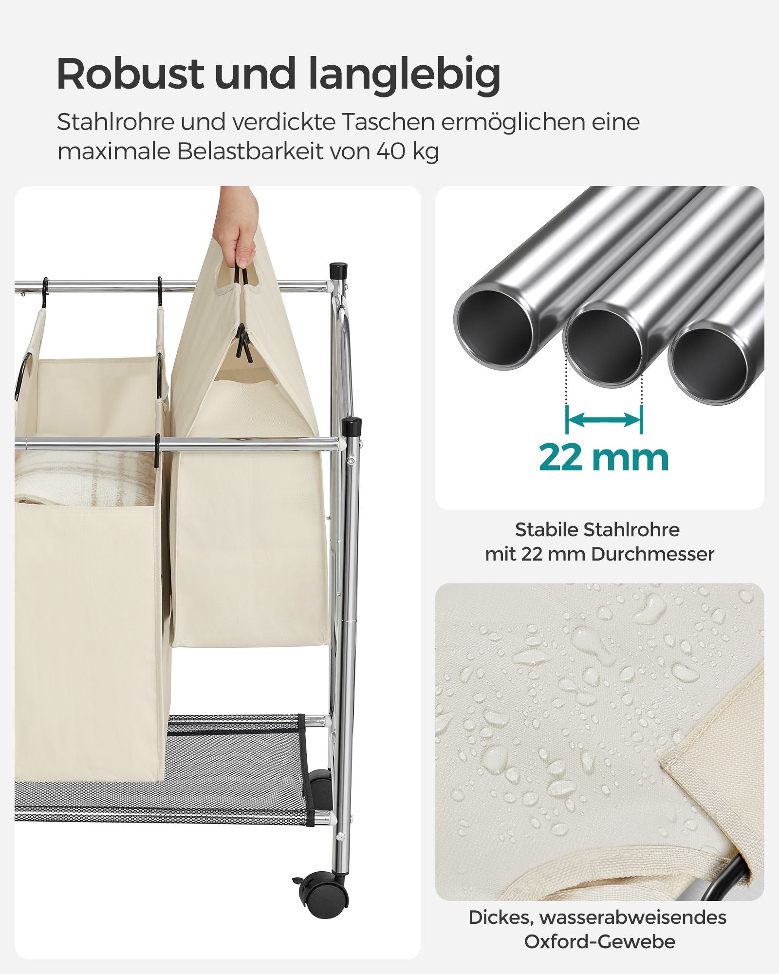 Wasmand op wielen - 4 waszakken - 4 x 35 liter - Beige