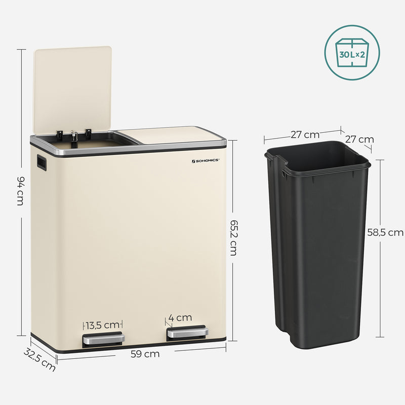 Vuilnisbak – 2 x 30 liter – met deksel en binnenemmer – crème wit