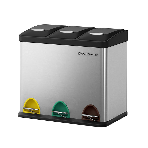 Afvalscheidingsprullenbak – pedaalemmer – 24 liter – 3-in-1 – zilver