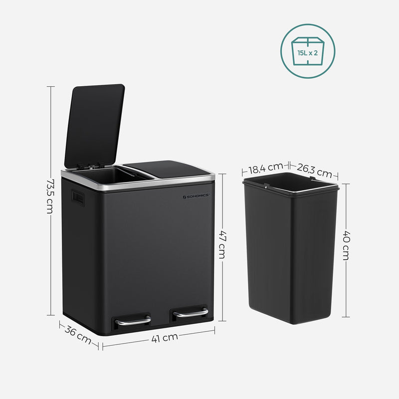 Afvalemmer - Vuilnisbak met afvalscheiding - 2 x 15 L - Softclose - Zwart