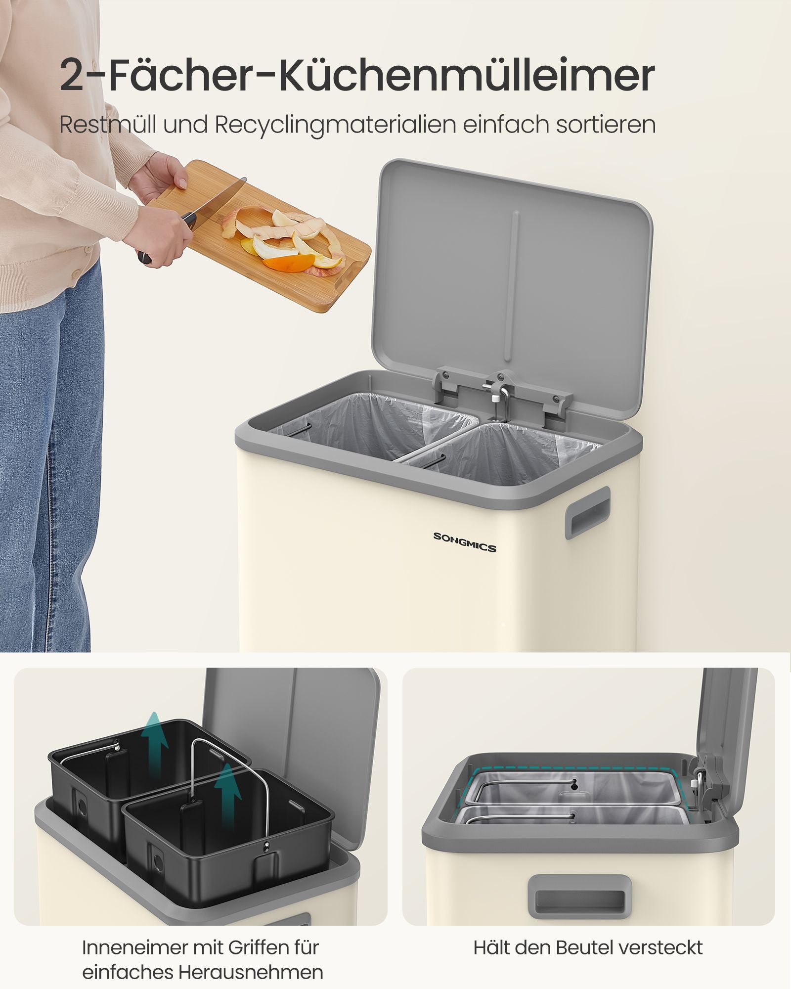 2 Compartimenten Voor Recycling En Restafval, Zandbeige