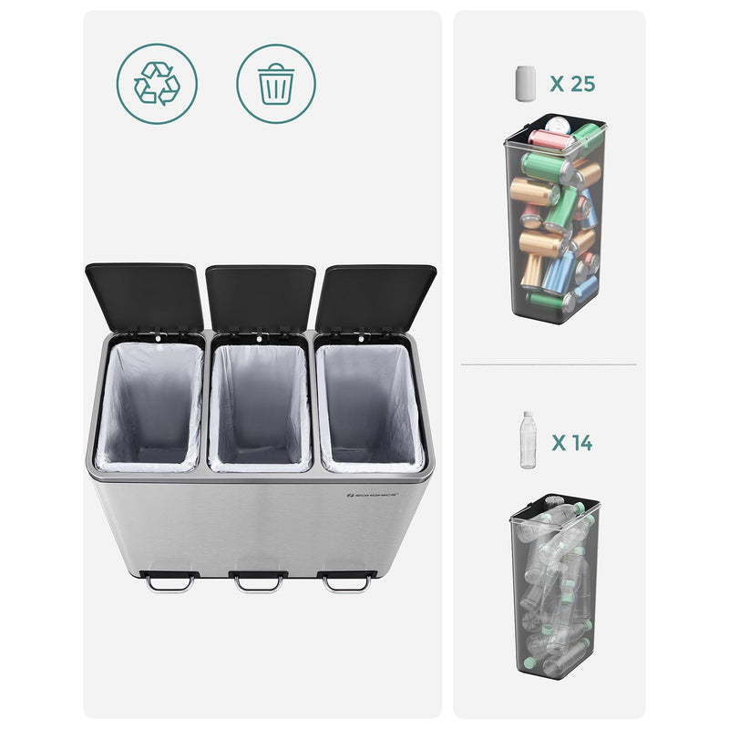 Vuilnisbak - Afvalscheiding - 3 binnenemmers - 54 liter - Zilver
