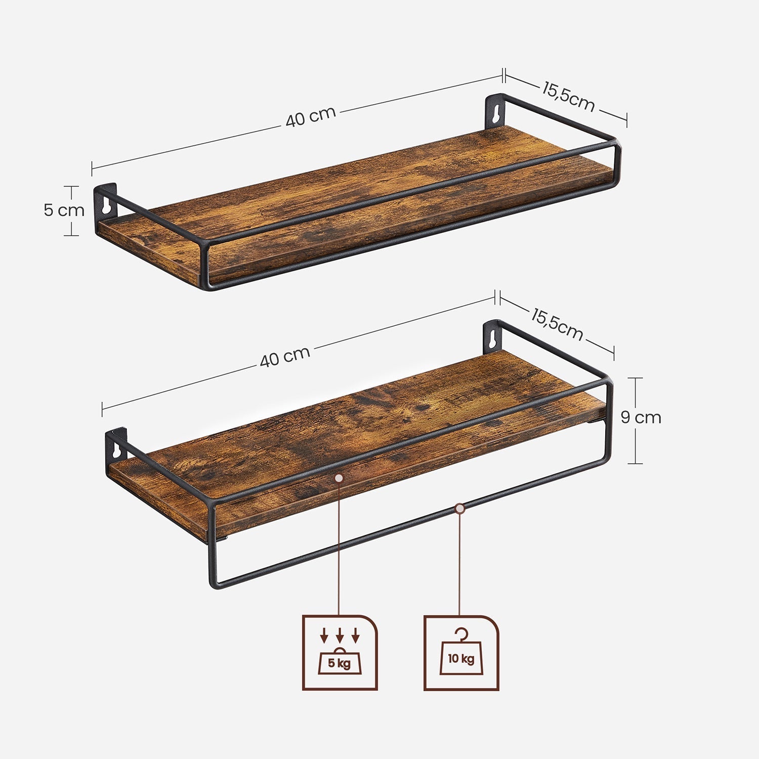 Wandplanken - Set van 2 - Zwevend - Industrieel design - Bruin / Zwart