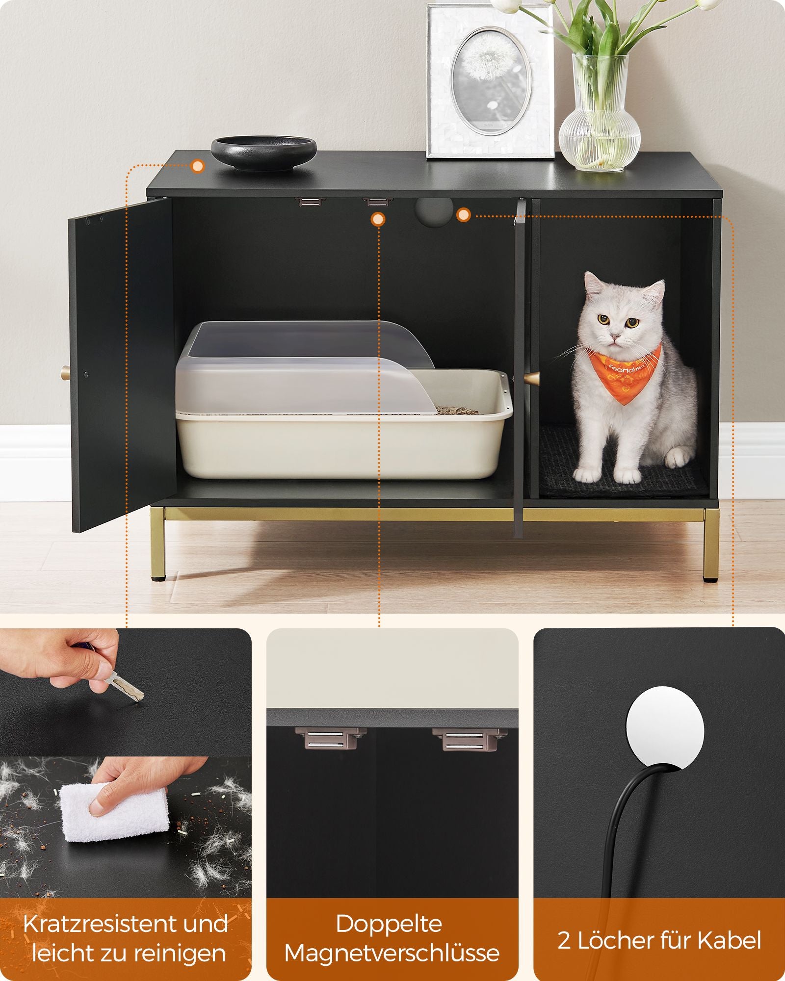 Kattenbakkast met krabmat en gouden poten