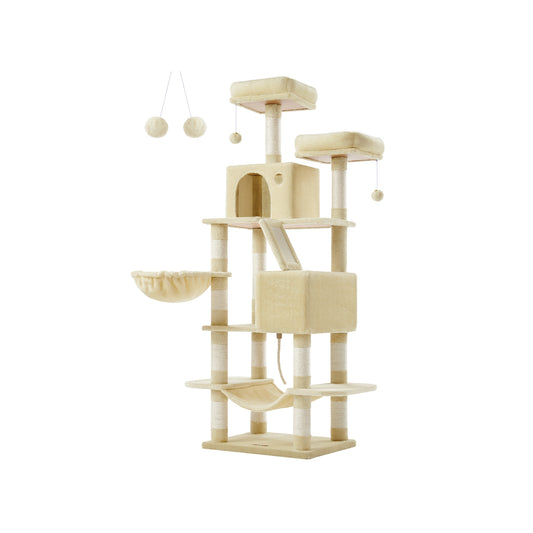 Krabpaal – groot – 2 platforms – met pluche ballen – beige