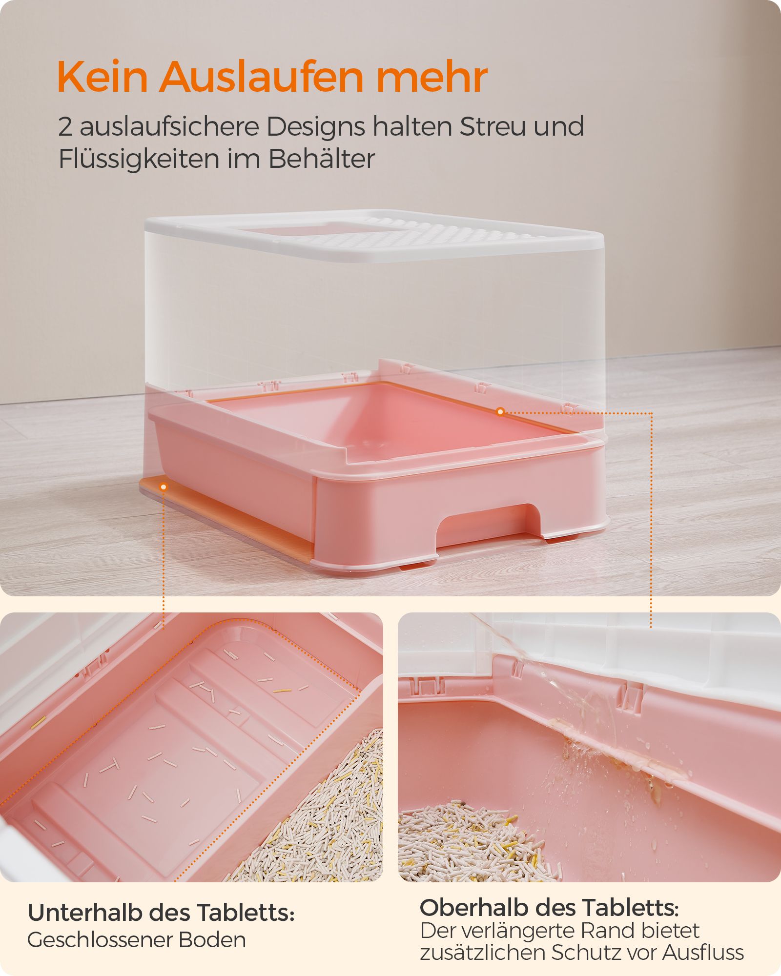 Kattenbak – met deksel en schepje – ruim – wit-pastelroze
