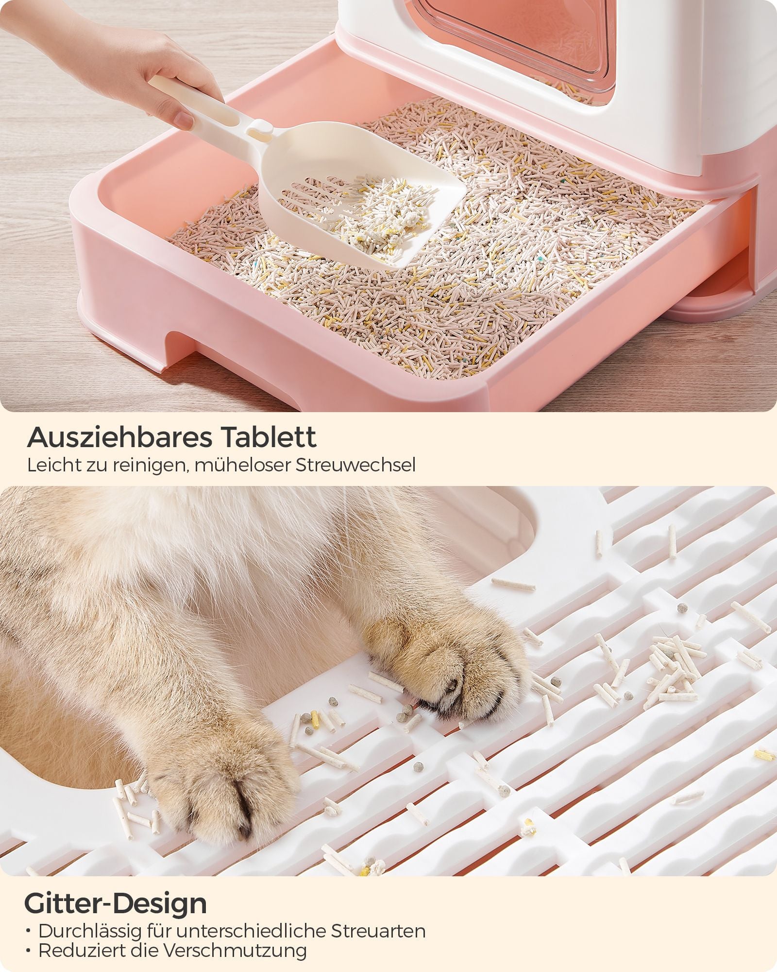 Kattenbak – met deksel en schepje – ruim – wit-pastelroze