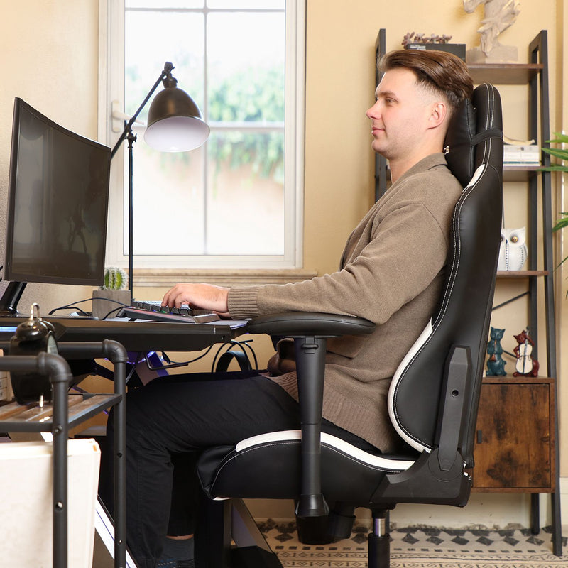 Gamingstoel – bureaustoel – met hoofdsteun en rugkussen – verstelbare armleuningen – zwart/wit