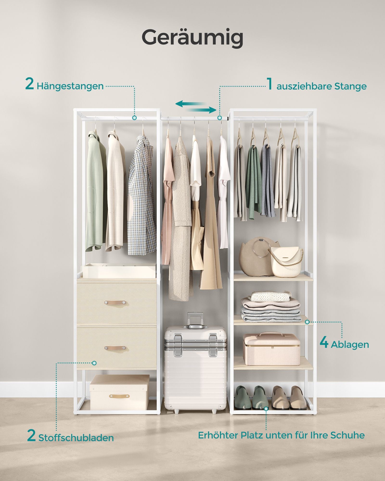 Kledingrek – met 2 lades – naturel beige