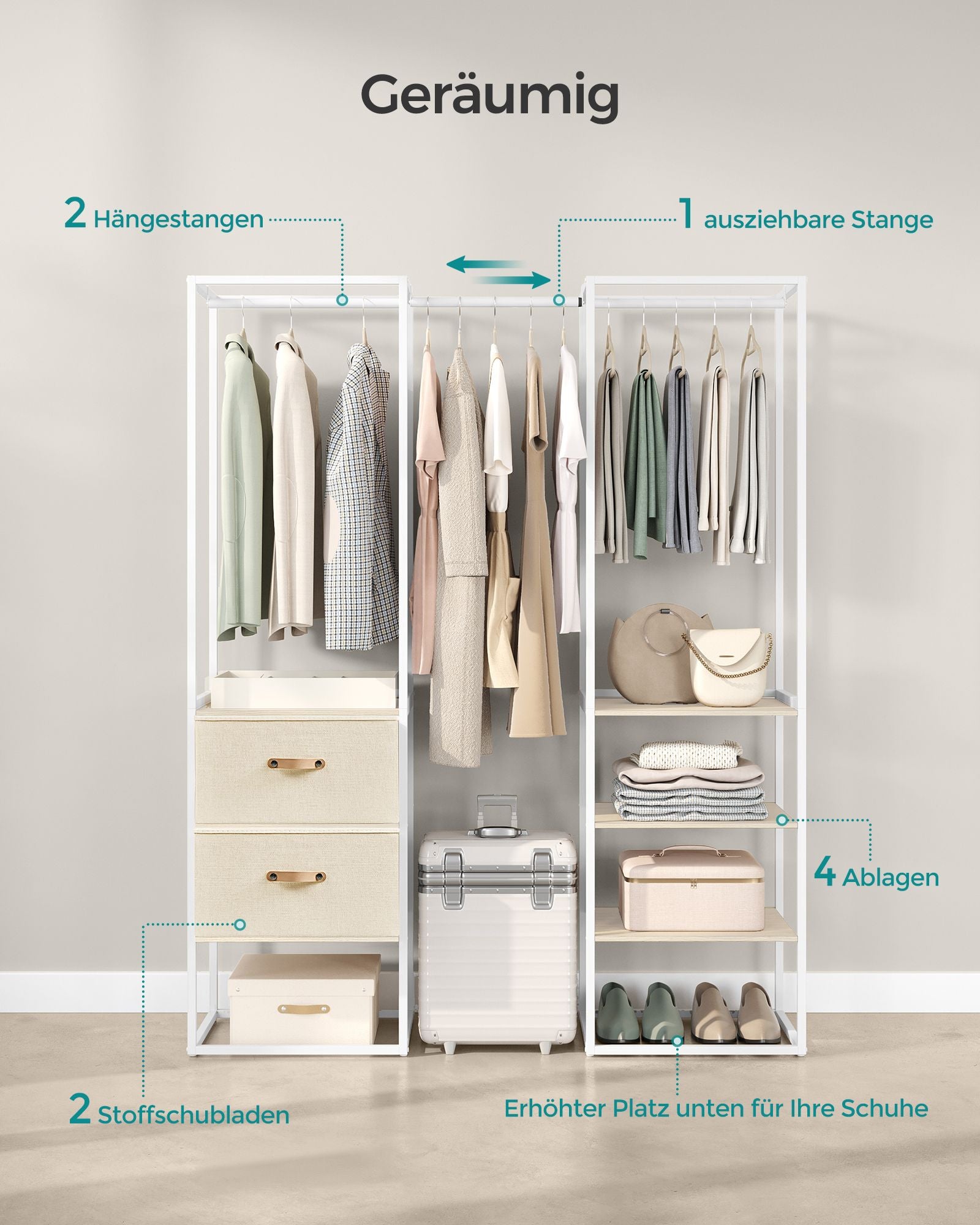 Kledingrek – met 2 lades – naturel beige