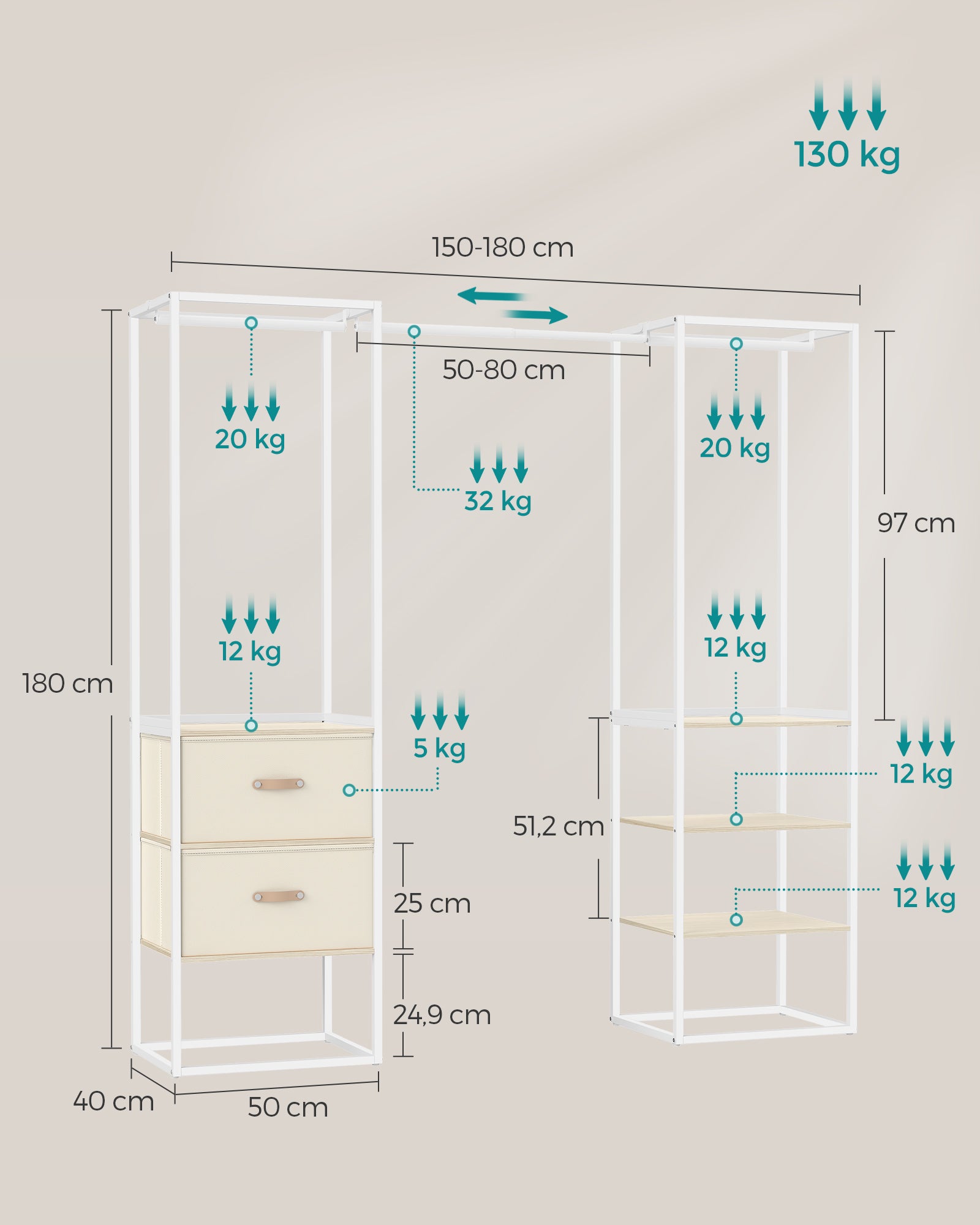 Kledingrek – met 2 lades – naturel beige