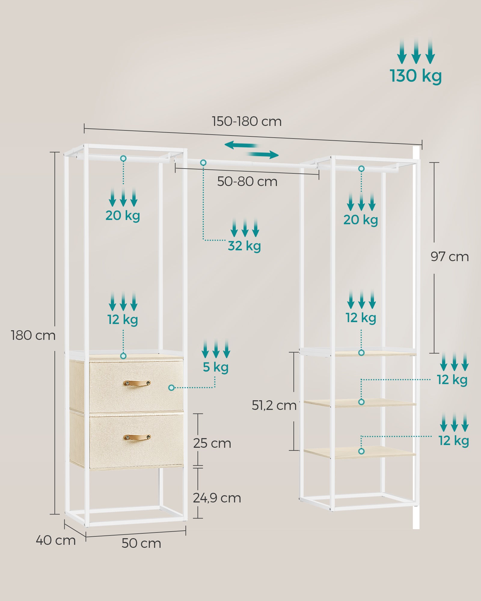 Kledingrek – met 2 lades – naturel beige