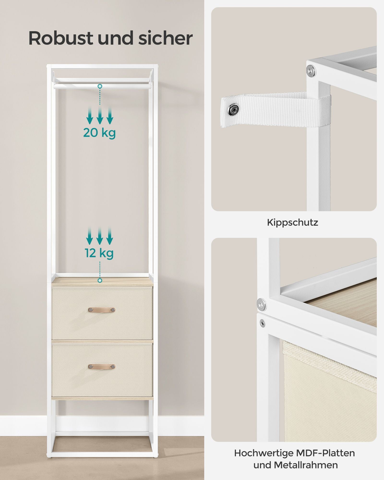 Kledingrek – met 2 lades – naturel beige