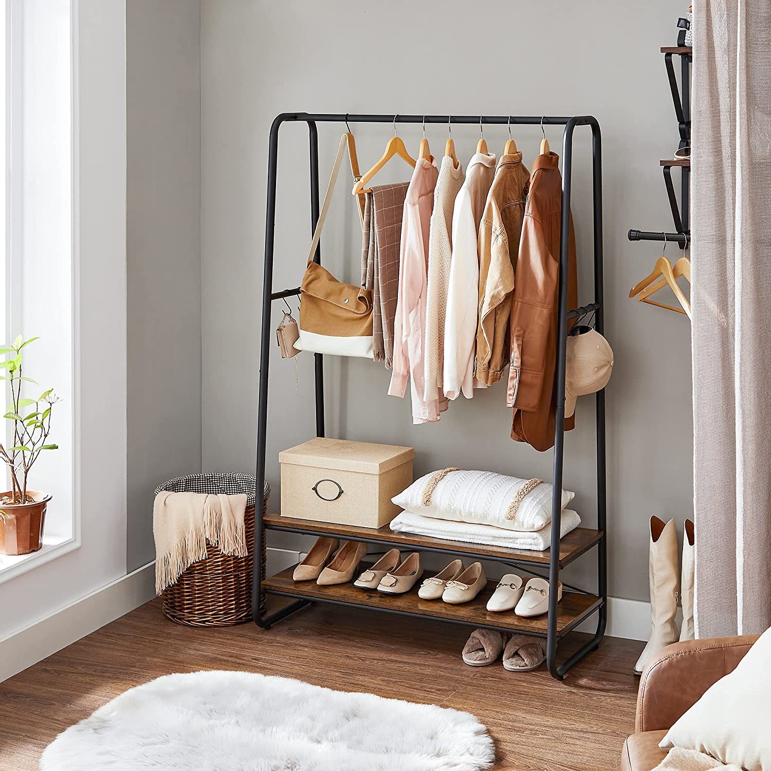 Kledingrek - Kapstok - Garderobe - 2 planken - Stalen frame - Bruin/zwart