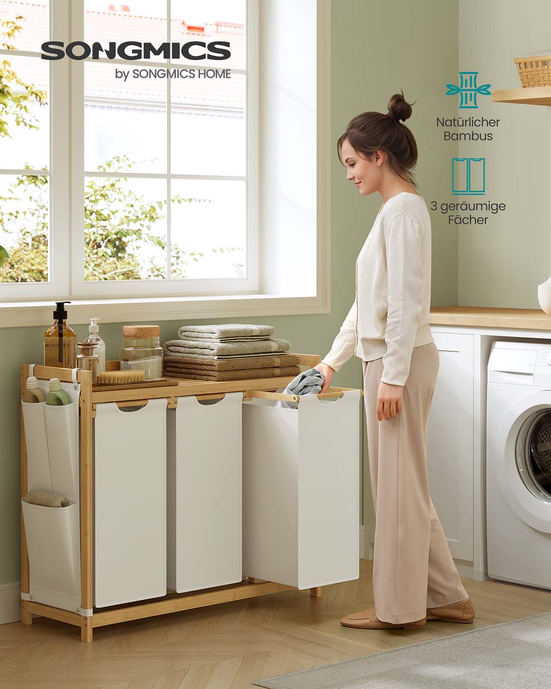 Wasmand 3 vakken 3 x 50 L 94 x 33 x 78 cm crèmewit