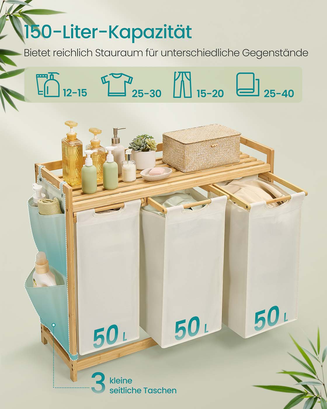 Wasmand 3 vakken 3 x 50 L 94 x 33 x 78 cm crèmewit