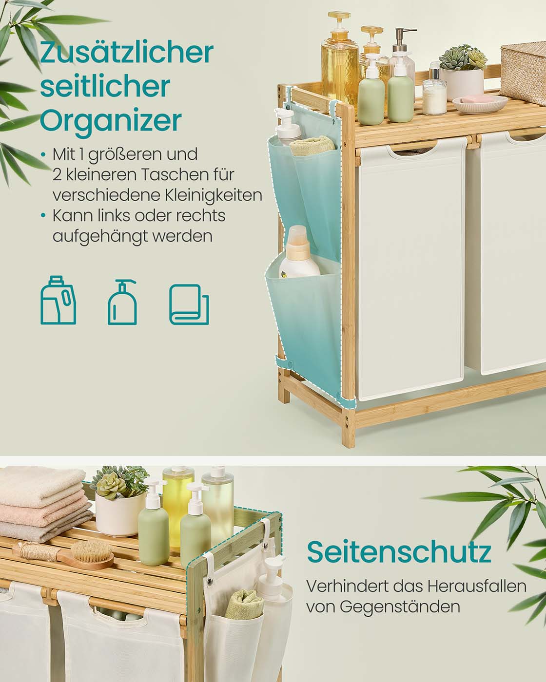 Wasmand 3 vakken 3 x 50 L 94 x 33 x 78 cm crèmewit