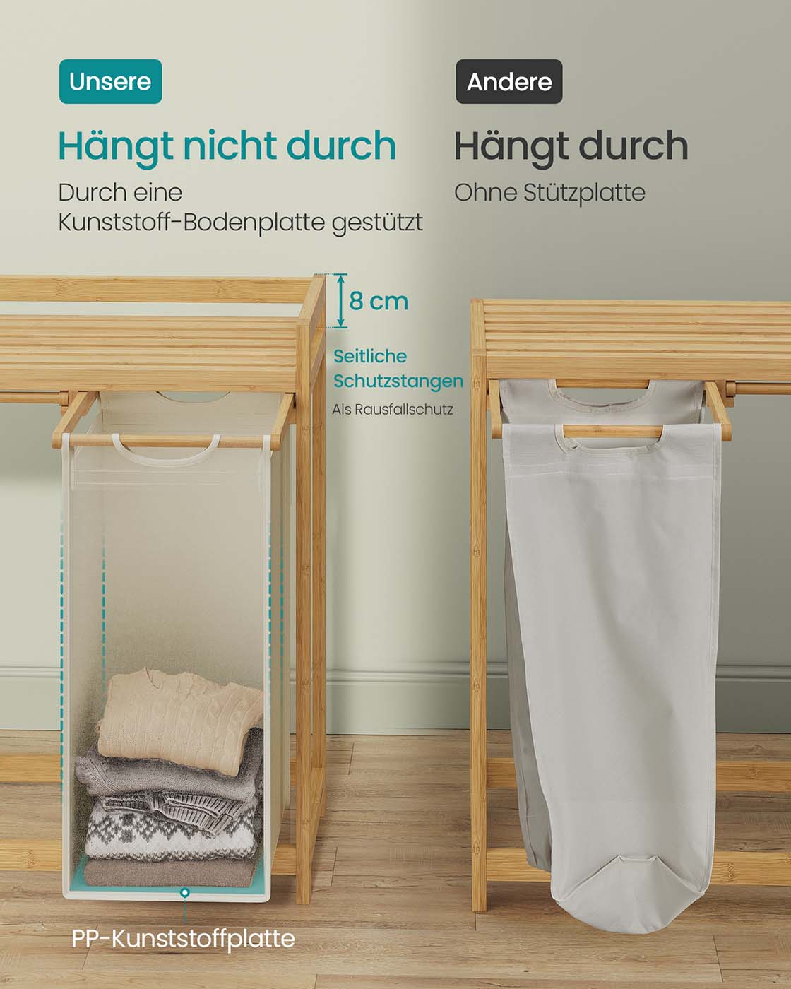 Wasmand 3 vakken 3 x 50 L 94 x 33 x 78 cm crèmewit