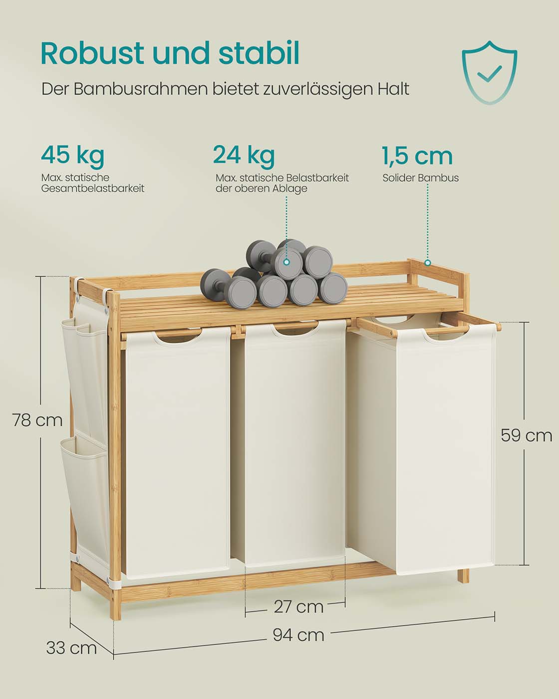 Wasmand 3 vakken 3 x 50 L 94 x 33 x 78 cm crèmewit