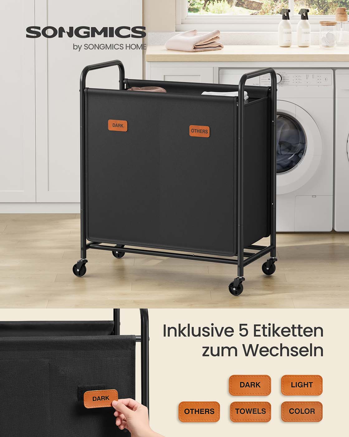 Wasmand 140 L met wielen en 2 vakken inktzwart
