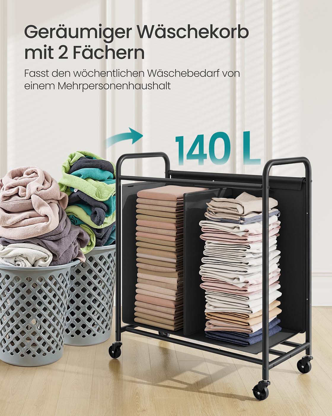 Wasmand 140 L met wielen en 2 vakken inktzwart