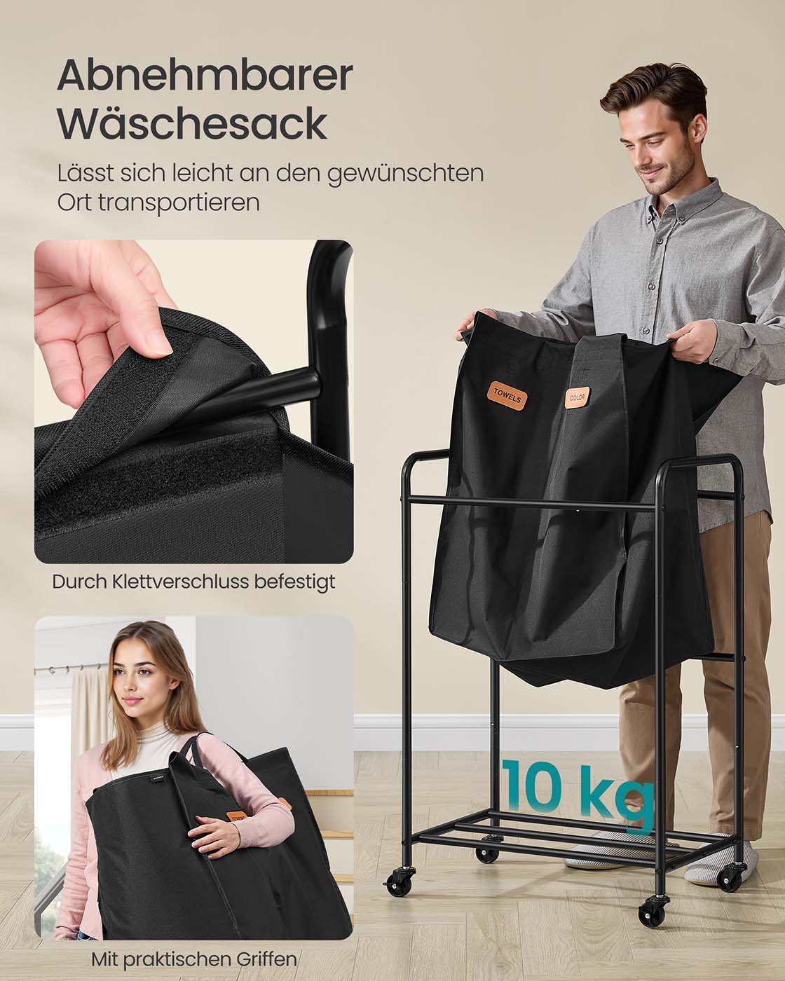 Wasmand 140 L met wielen en 2 vakken inktzwart