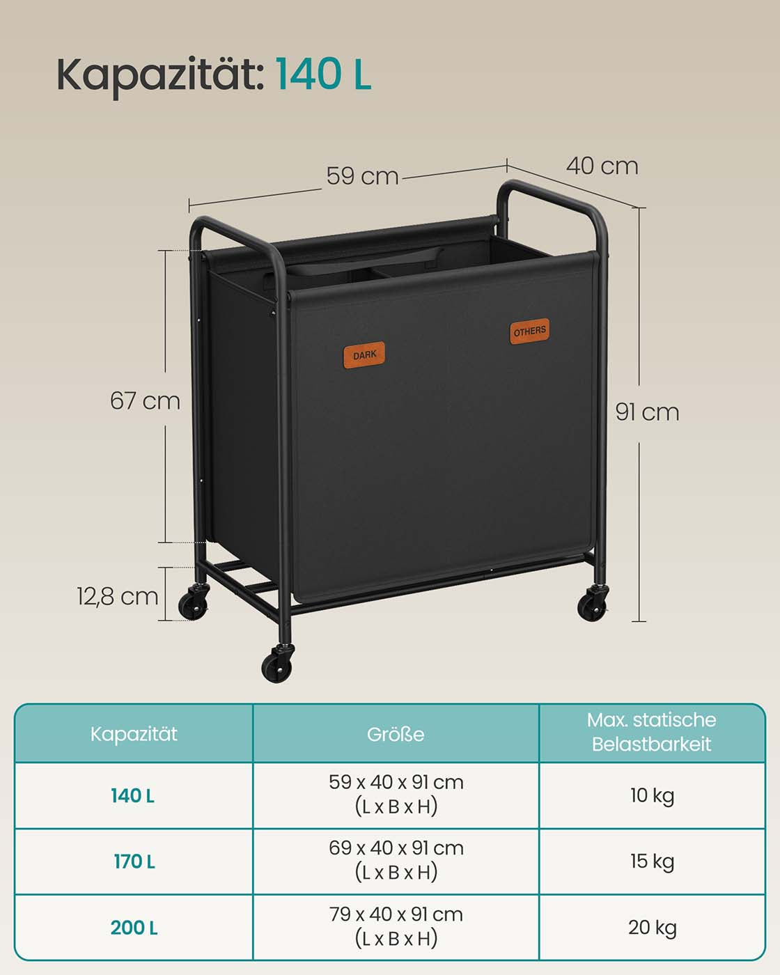 Wasmand 140 L met wielen en 2 vakken inktzwart