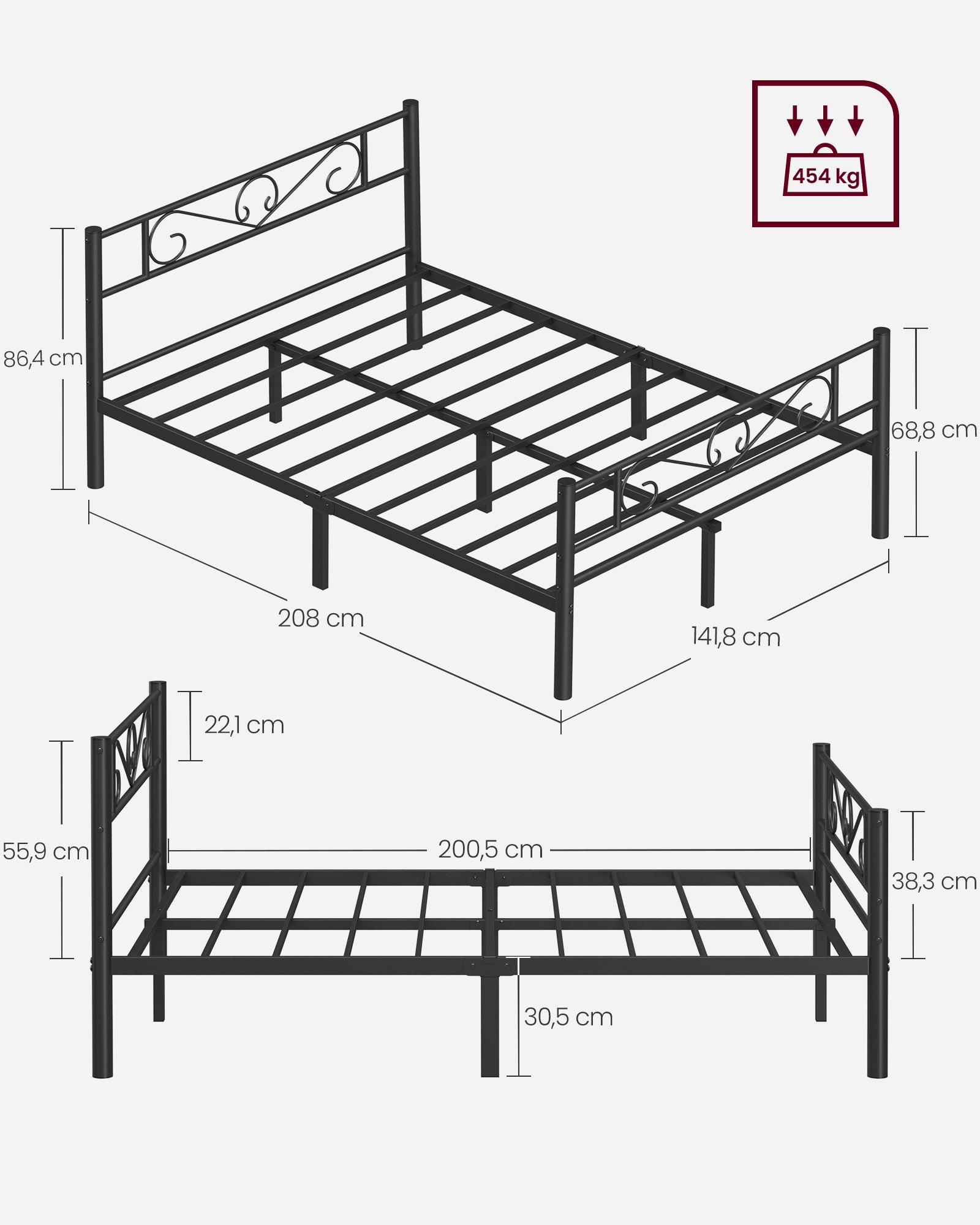 Bed 140 × 200 cm – gemaakt van inktzwart metaal