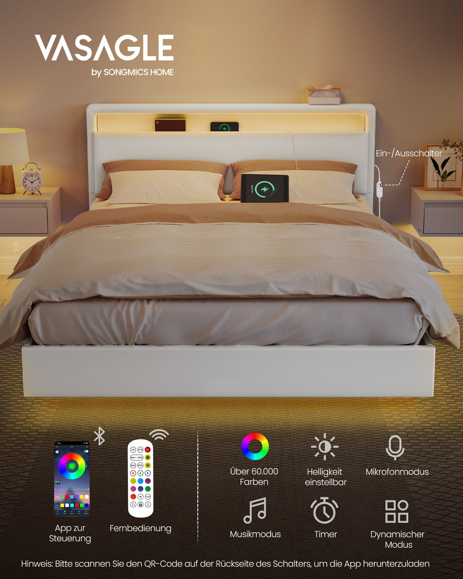 Bedframe 140×200 cm – met LED-verlichting en USB-laadstation