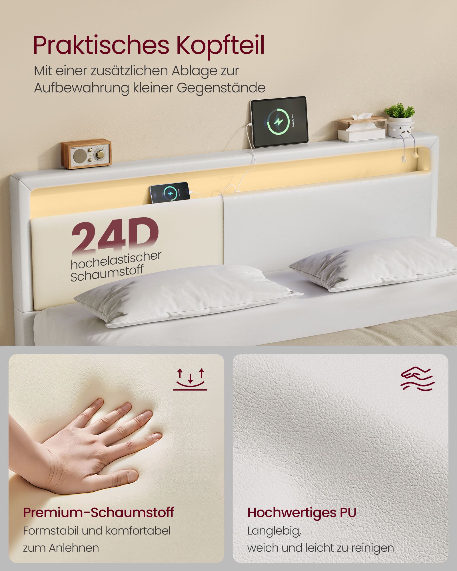Bedframe 140×200 cm – met LED-verlichting en USB-laadstation
