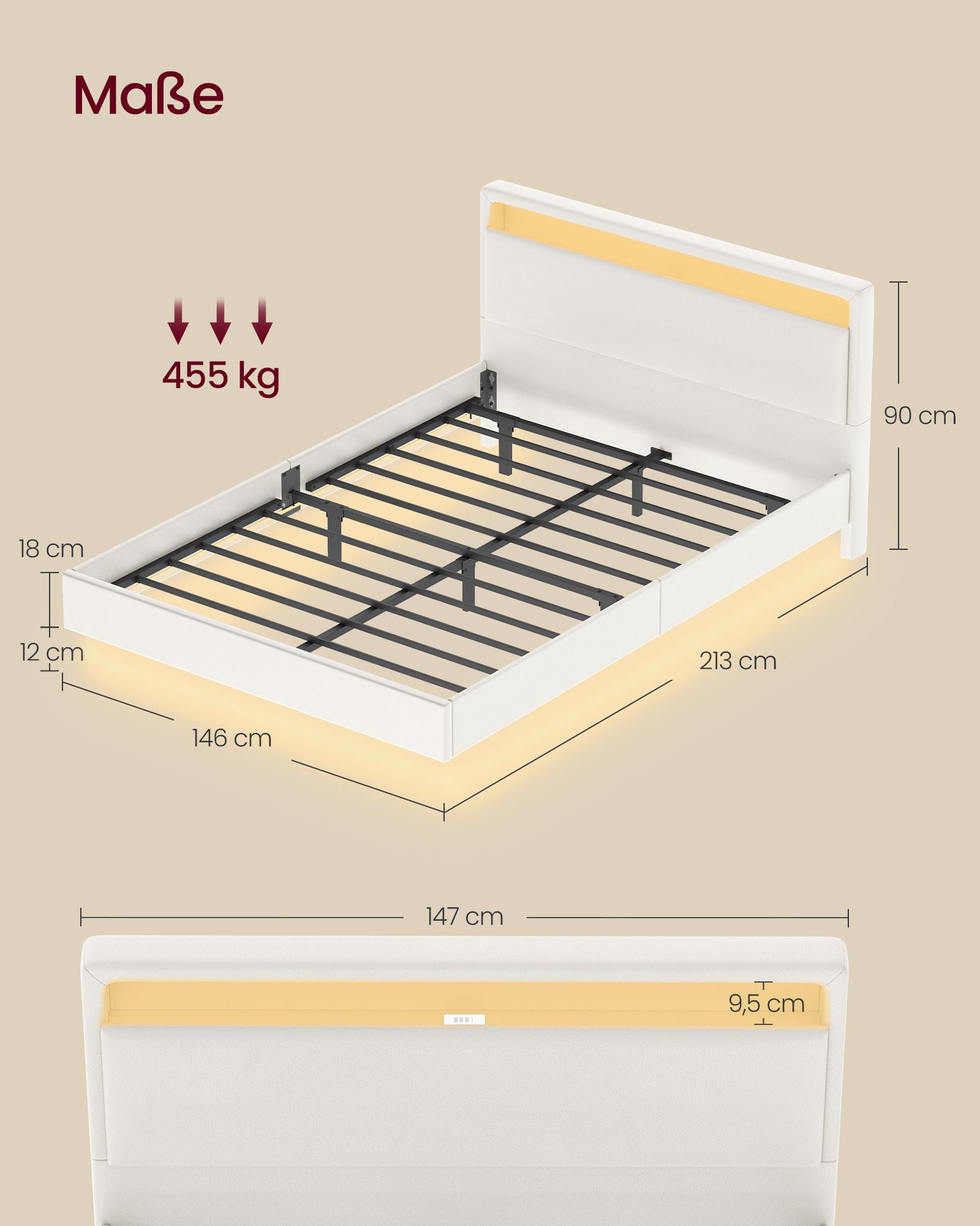 Bedframe 140×200 cm – met LED-verlichting en USB-laadstation