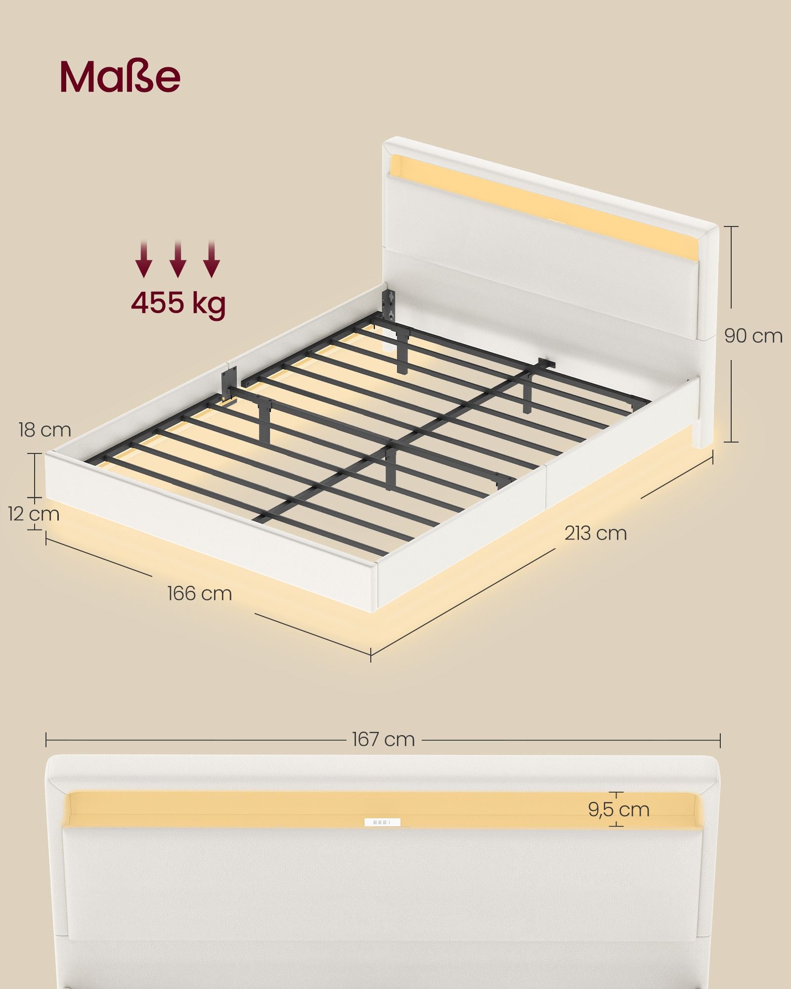 Bedframe 160×200 cm – met LED-verlichting en USB-laadstation