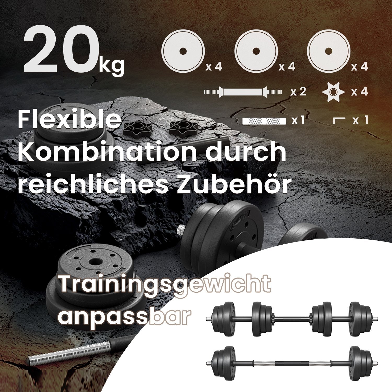 2-in-1 halterset – Dumbbells met stalen verbindingsbuis, 2 x 10 kg, inktzwart