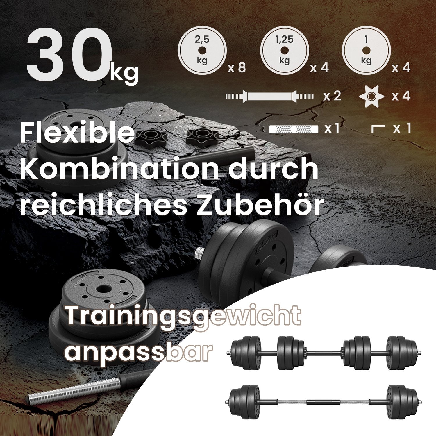 2-in-1 halterset – Dumbbells met stalen verbindingsbuis, 2 x 15 kg, inktzwart