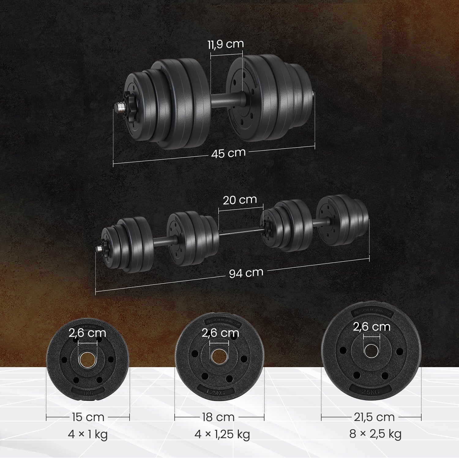 2-in-1 halterset – Dumbbells met stalen verbindingsbuis, 2 x 15 kg, inktzwart