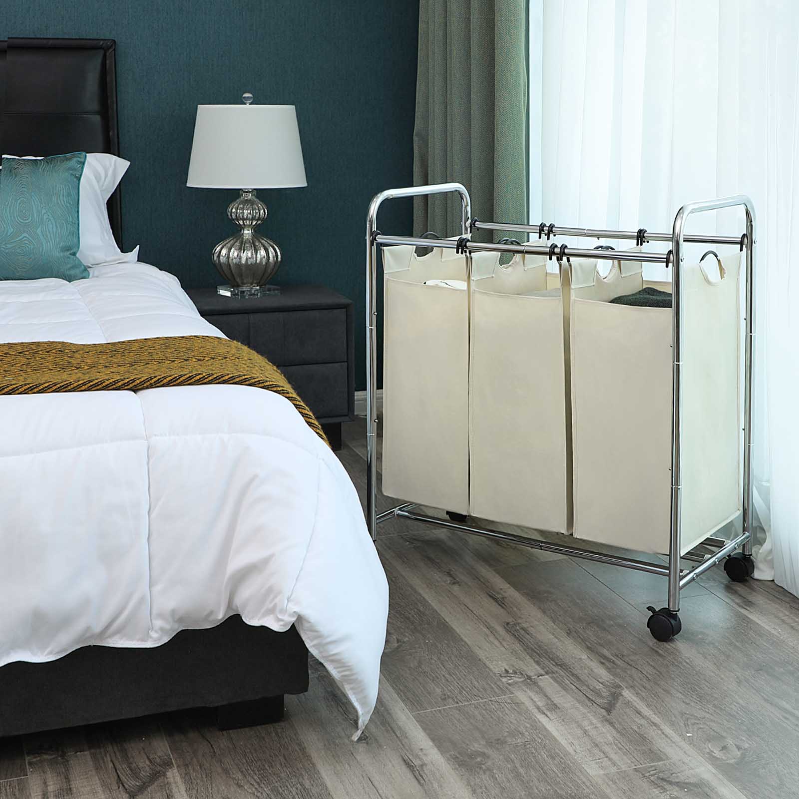 Wasmand – wassorteerder – 3 vakken – uitneembare zakken – beige