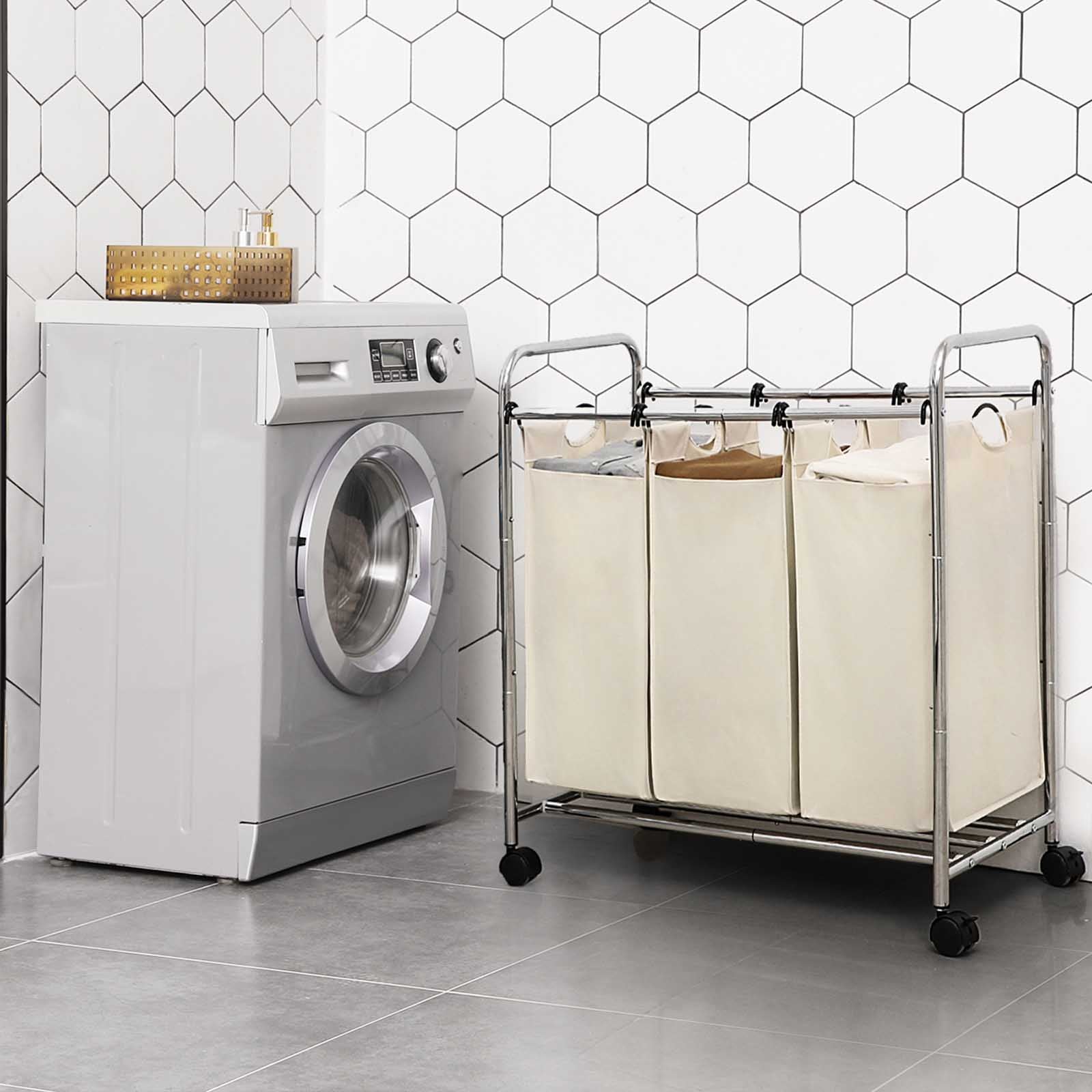 Wasmand – wassorteerder – 3 vakken – uitneembare zakken – beige